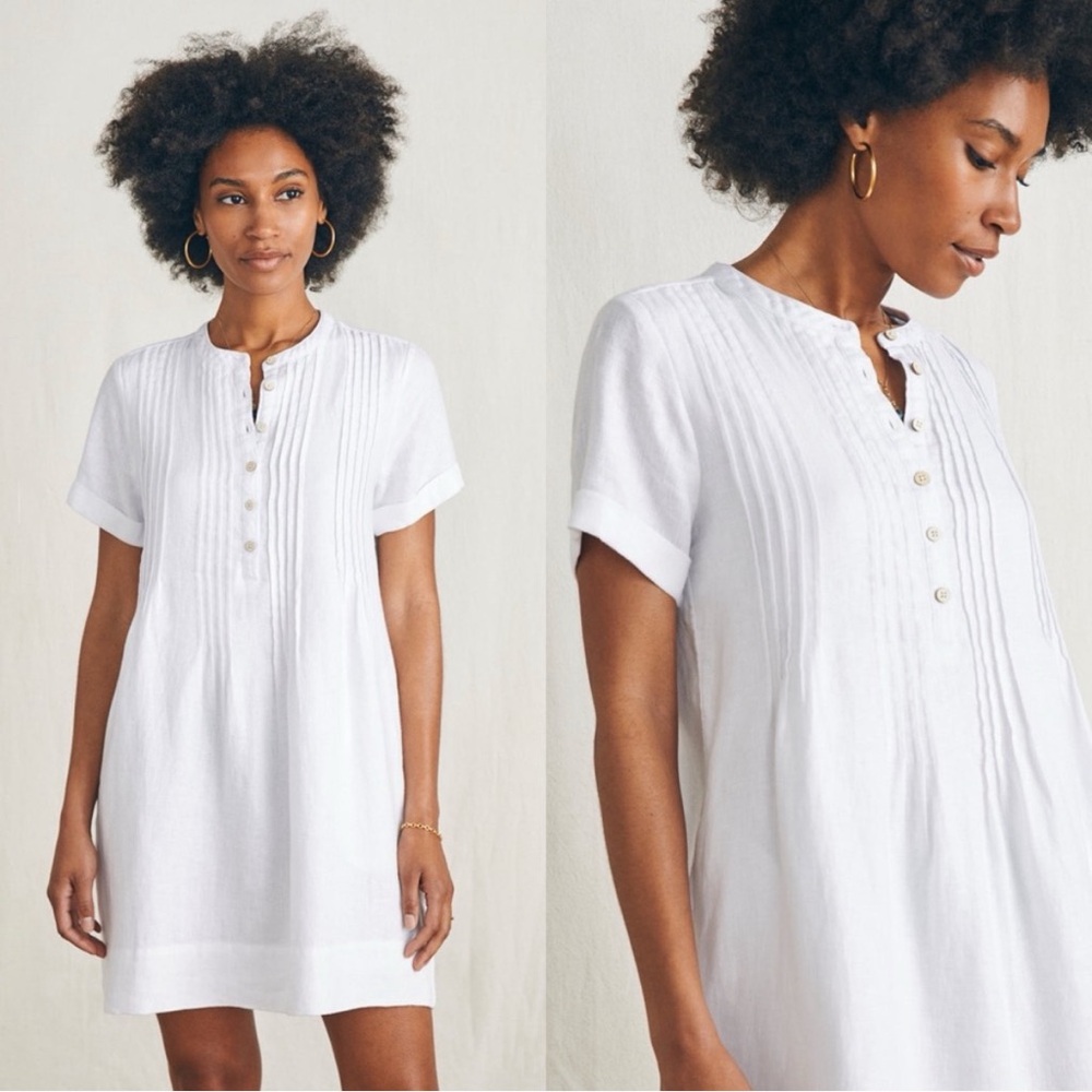 Faherty Gemina Short Sleeve Linen Shift Dress in White